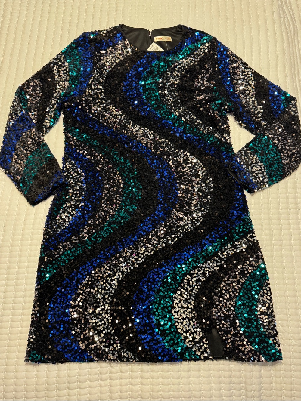 Long-Sleeve Sequin Wave Mini Dress - Black, Silver, Blue & Green